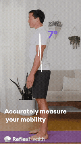 Measuring shoulder range of motion using the Reflex Health app. Shoulder range of motion is overlain on the screen using Augmented Reality