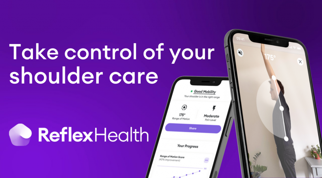Take control of your shoulder care. Image shows iPhones with Reflex Health app screens to monitor shoulder health