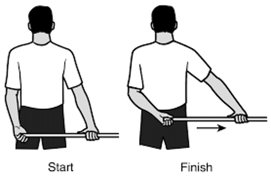 Shoulder Bursitis Exercise showing Active assisted shoulder rotations with cane. Image shows a person holding a stick with both hands behind their back, the cane is horizontal to the floor. Keeping the cane parallel with the ground, push the cane sideways until the pushing hand is at the centre of the body. 