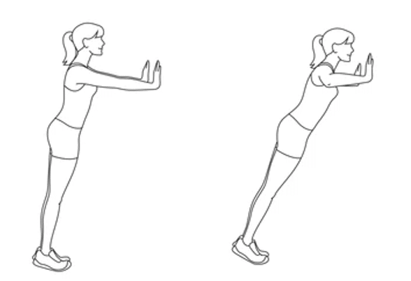 Strength Exercises for shoulder bursitis - diagram shows a person standing less than 1 metre from a wall, performing gentle push ups against the wall